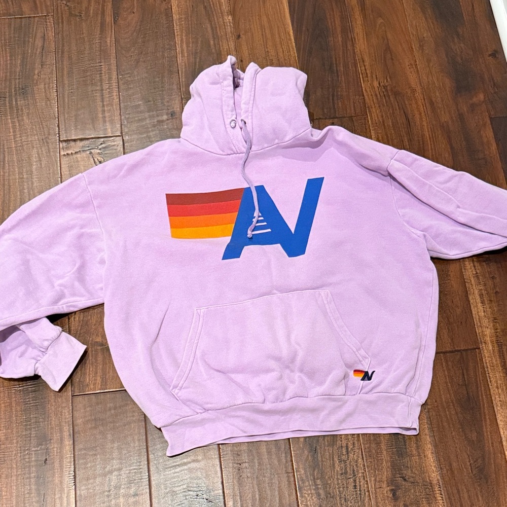 Aviator Nation Purple Hoodie with Rainbow and Blue Logo